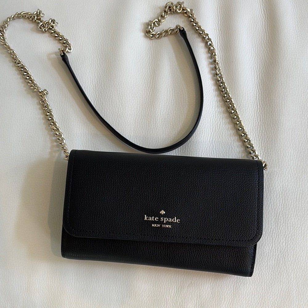Kate Spade Black Leather Crossbody Bag with Gold Chain